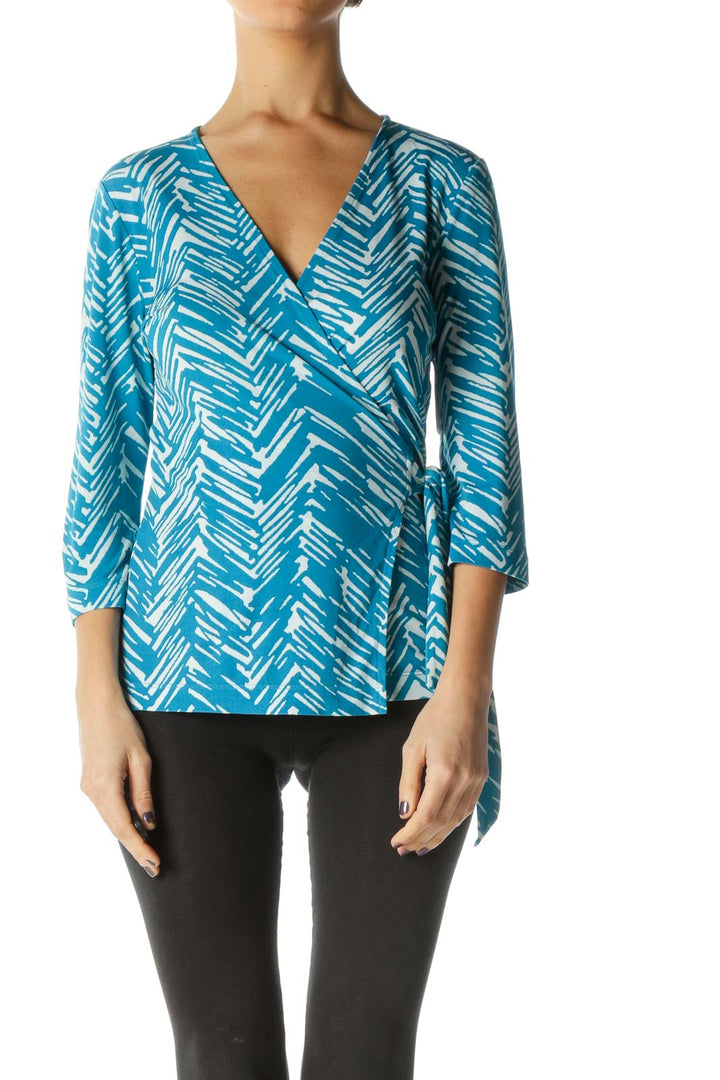 Blue 3/4 Sleeve V Neck Casual Blouse