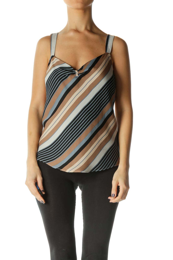 Brown Stripe V Neck Chic Tank Top