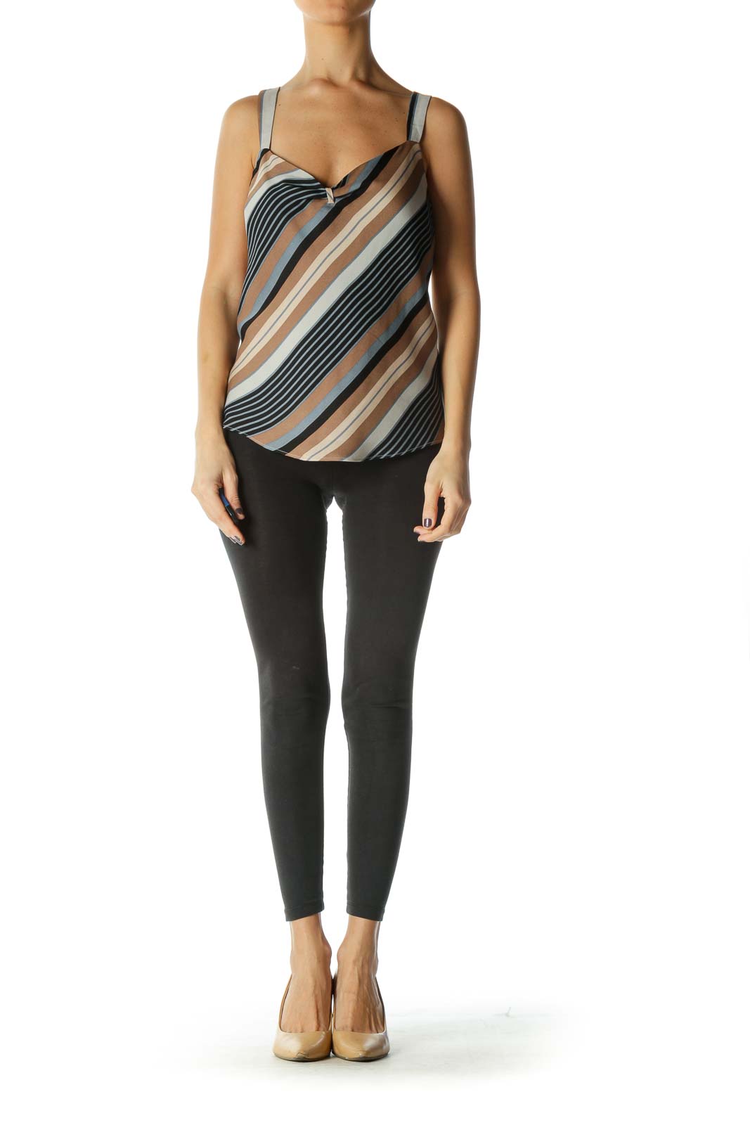 Brown Stripe V Neck Chic Tank Top