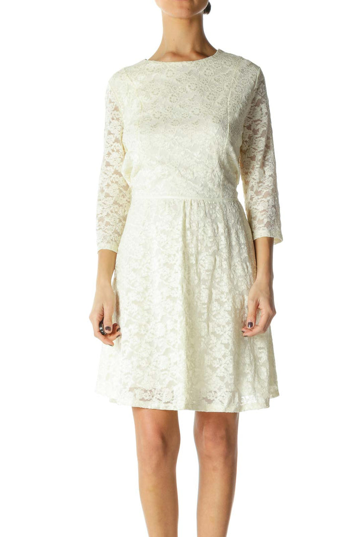 Beige Lace Crewneck A-Line Dresse