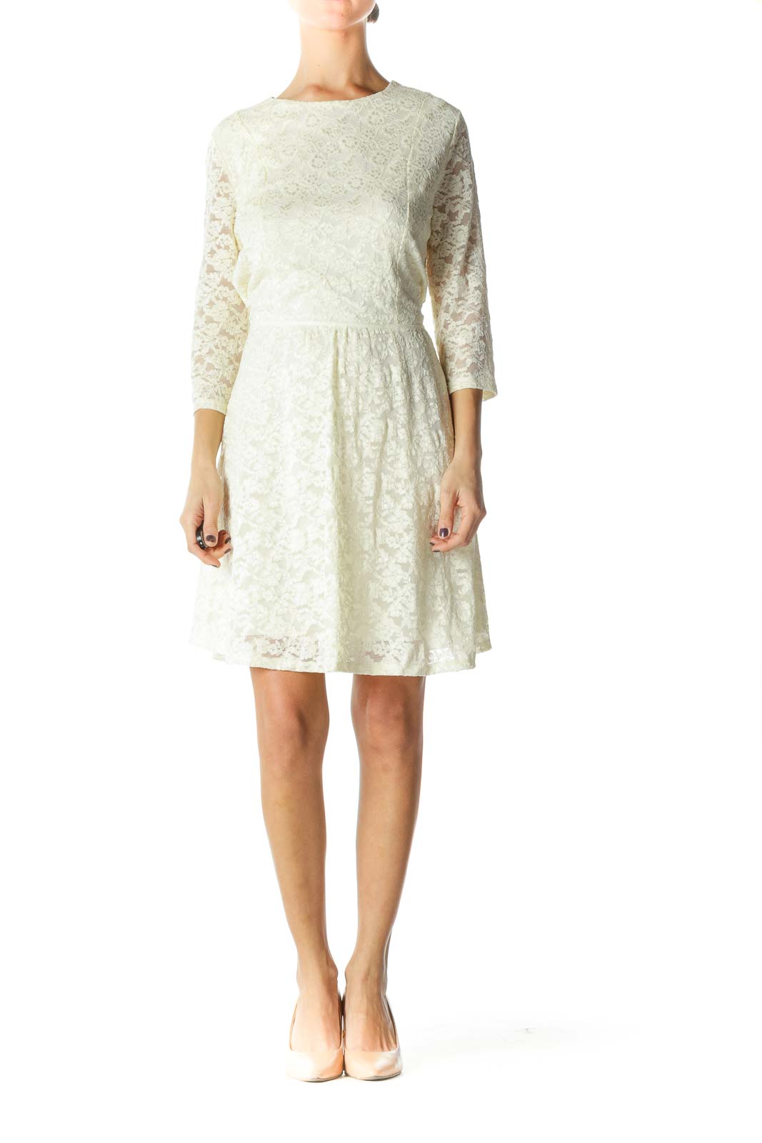 Beige Lace Crewneck A-Line Dresse