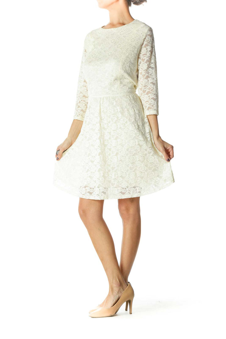 Beige Lace Crewneck A-Line Dresse