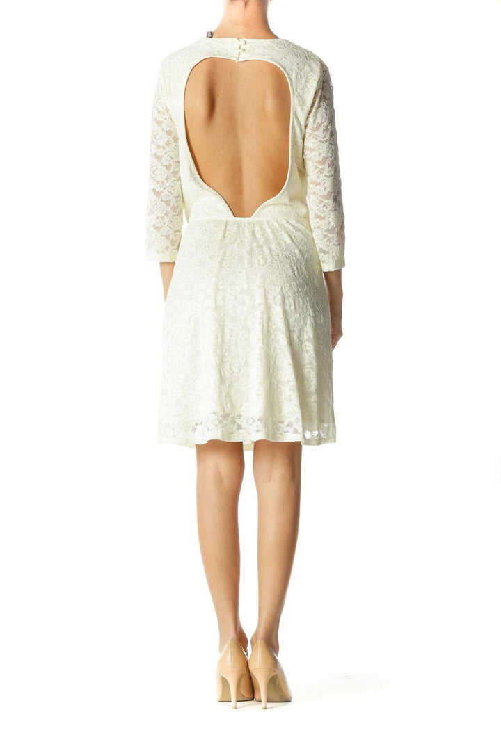 Beige Lace Crewneck A-Line Dresse