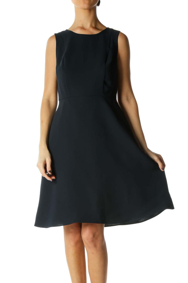 Blue Solid Crewneck Fit Flare Dress