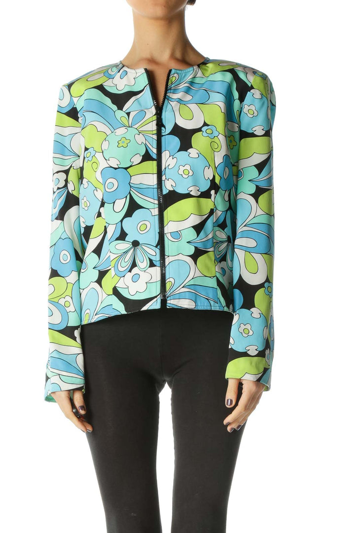 Blue Printed Long Sleeve Silk Bomber Jacket