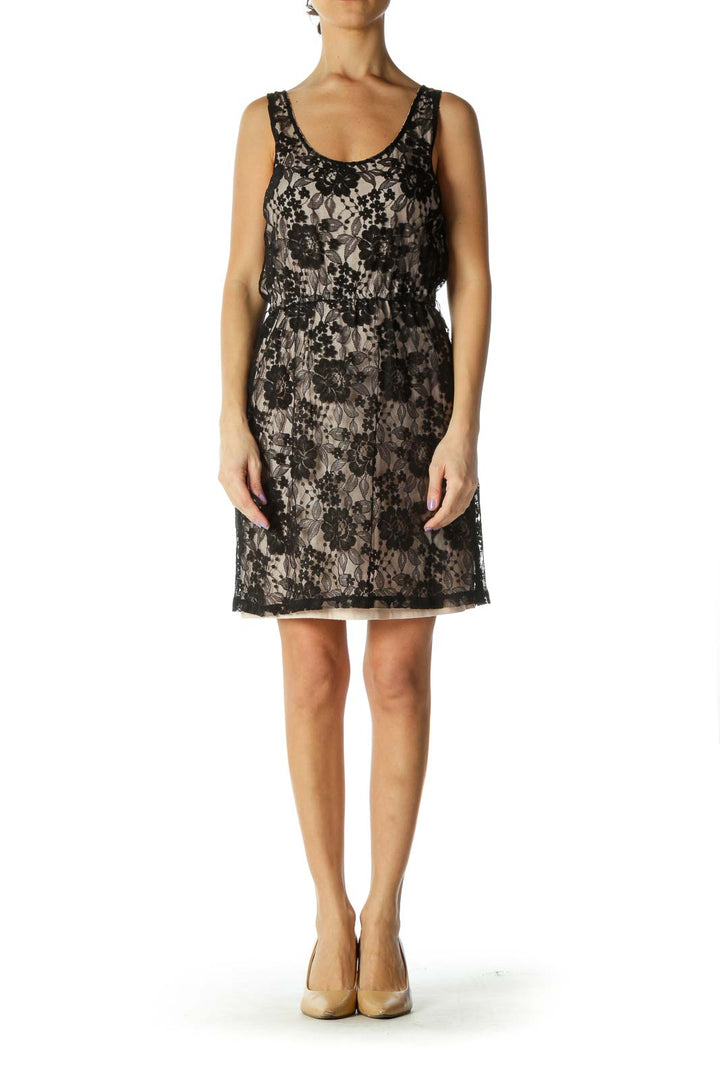 Beige Black Lace Holiday A-Line Dress