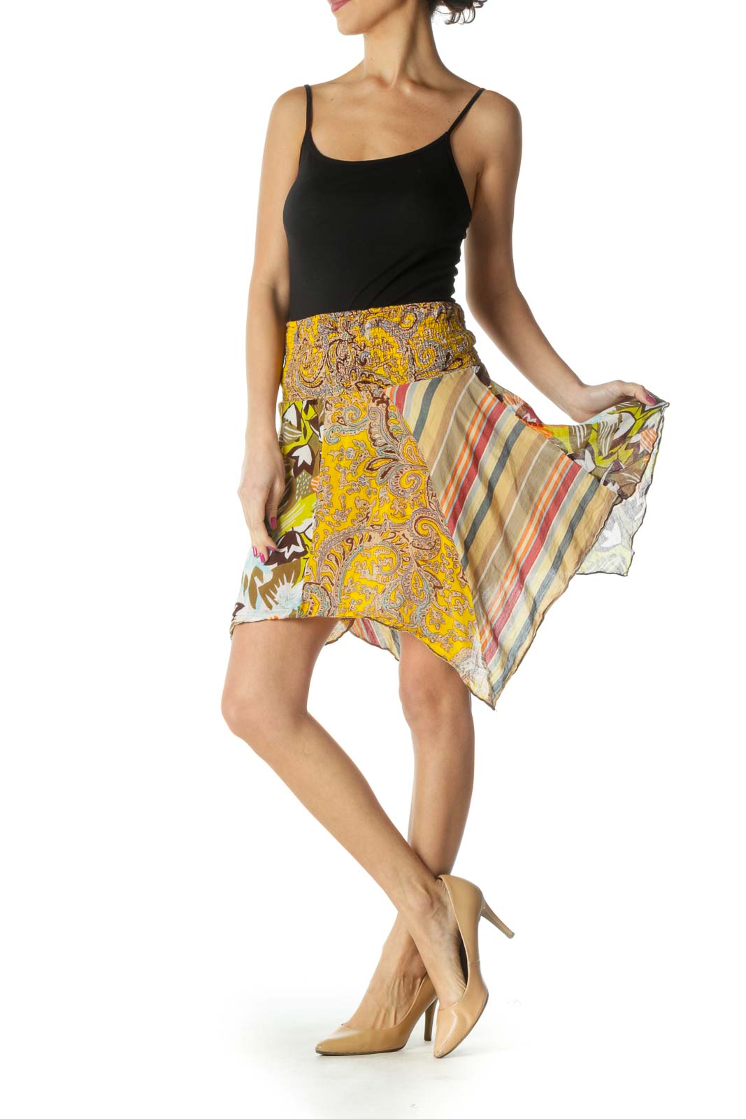 Yellow Graphic Print Chic Flared Skirt