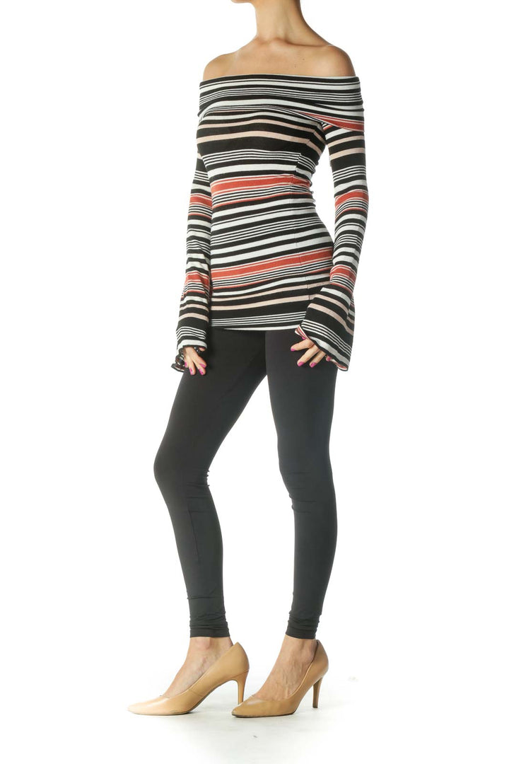 Front view of Free People multicolor striped off-shoulder top with long bell sleeves