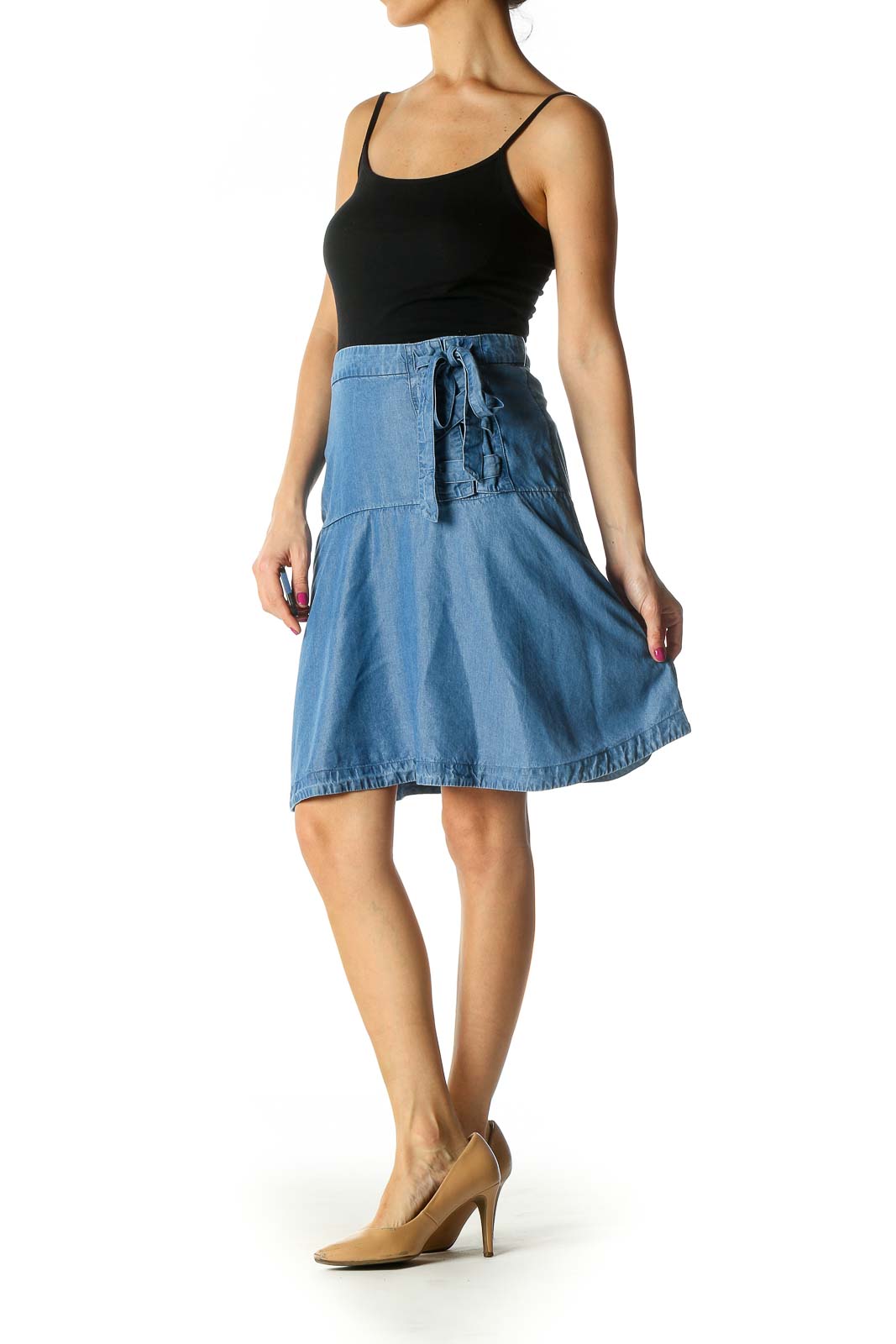 Blue Solid Casual Flared Skirt