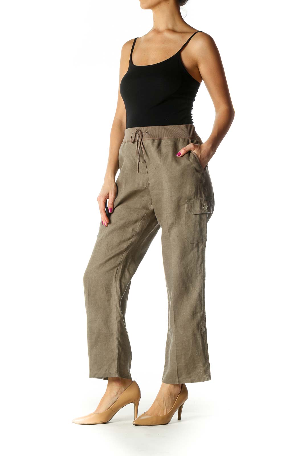 Beige Solid Casual Pant