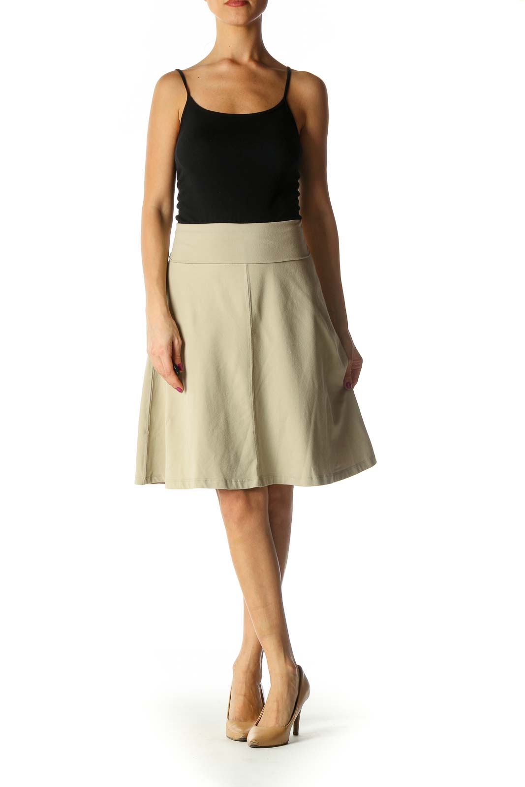 Beige Solid Retro Flared Skirt