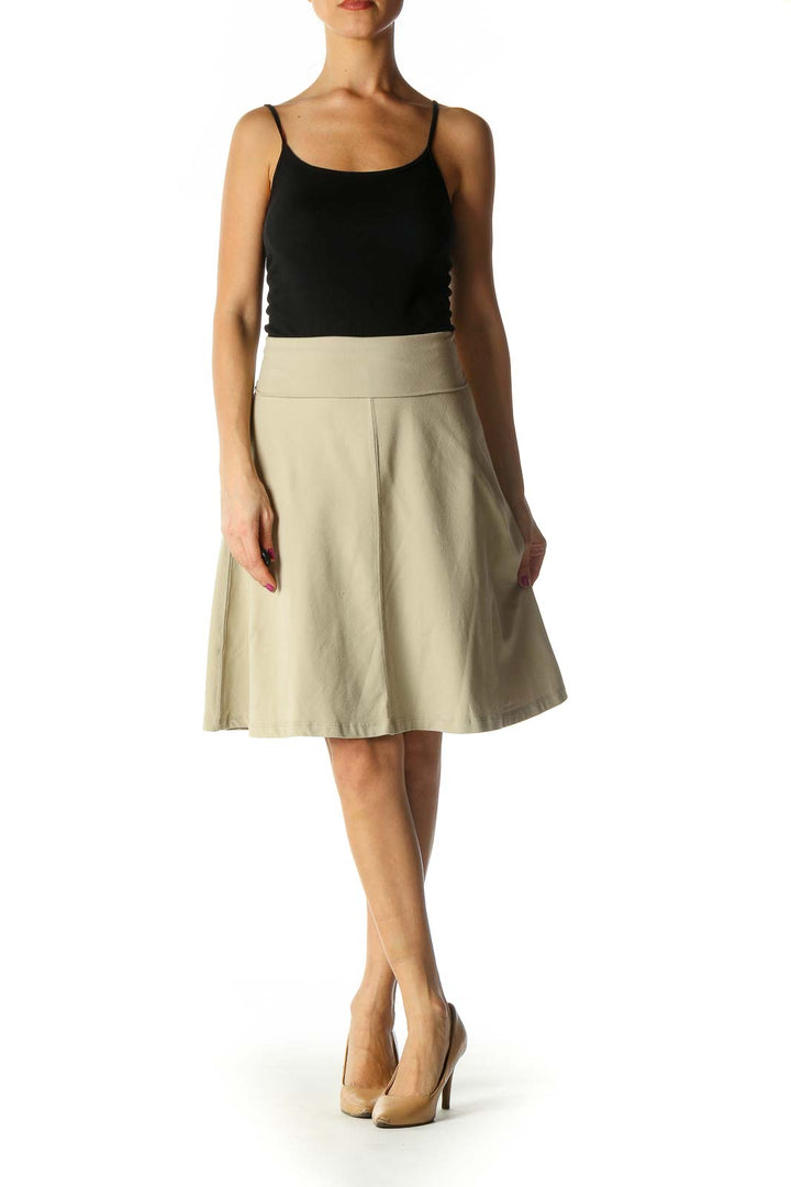 Beige Solid Retro Flared Skirt