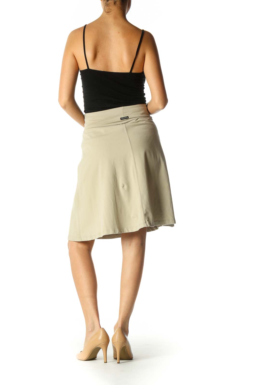 Beige Solid Retro Flared Skirt