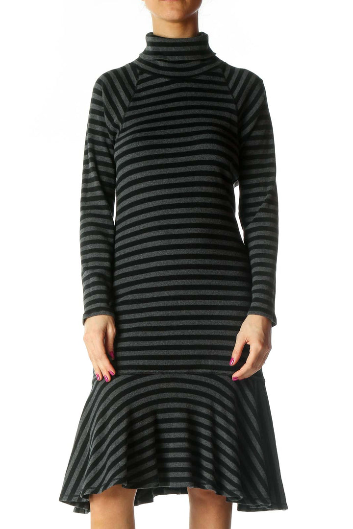 Gray Striped Casual A-Line Dress