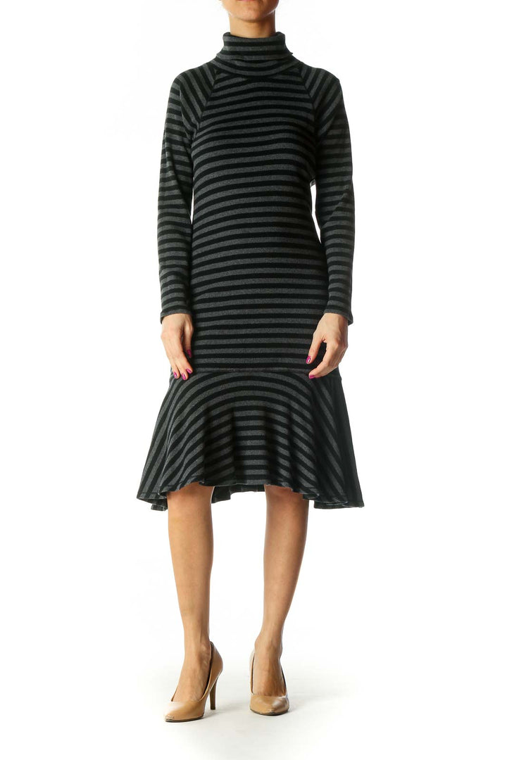 Gray Striped Casual A-Line Dress