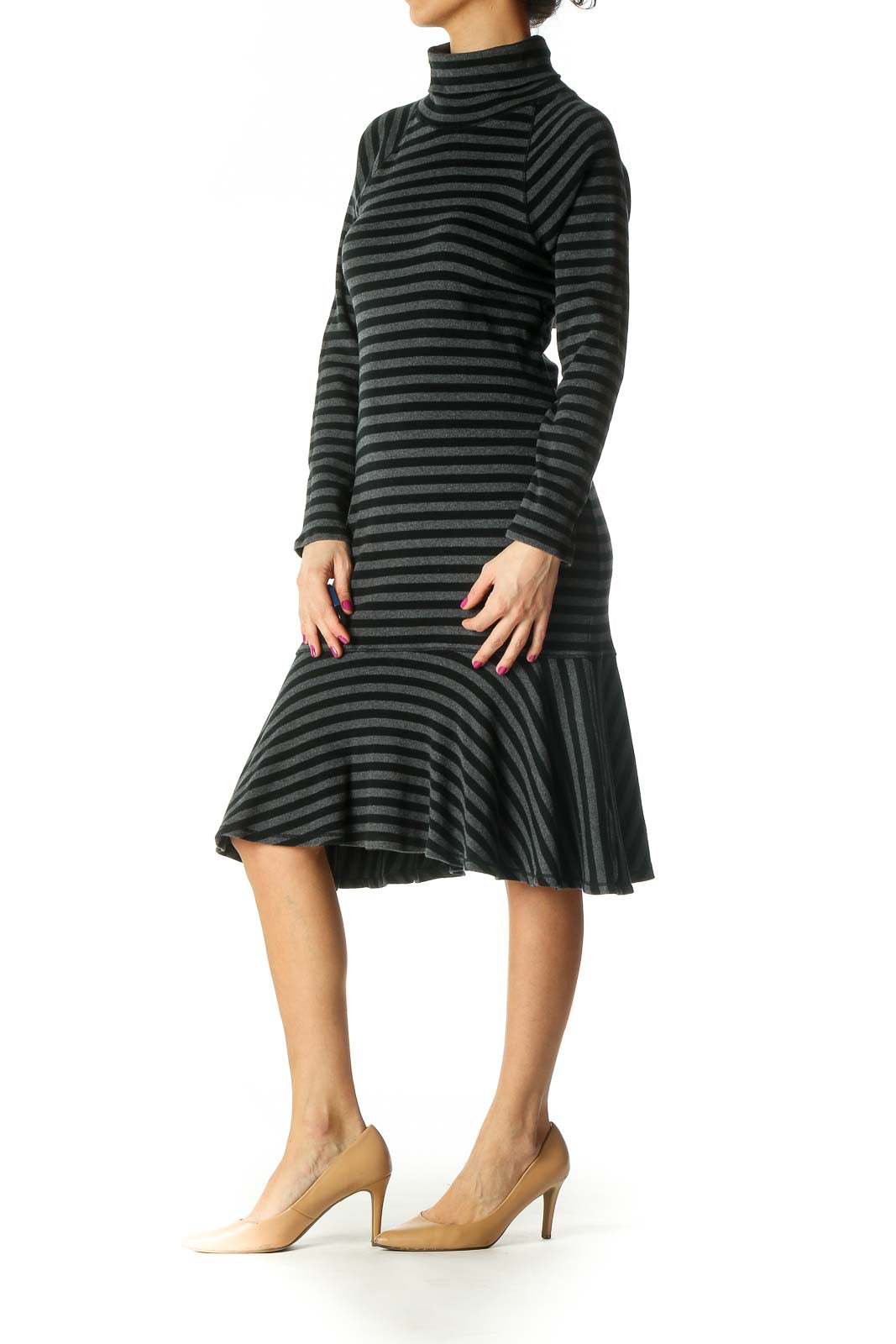 Gray Striped Casual A-Line Dress