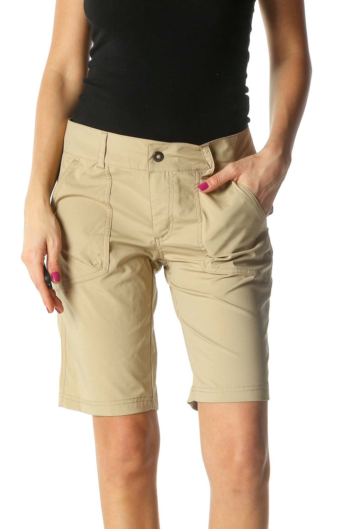 Beige Solid Casual Shorts