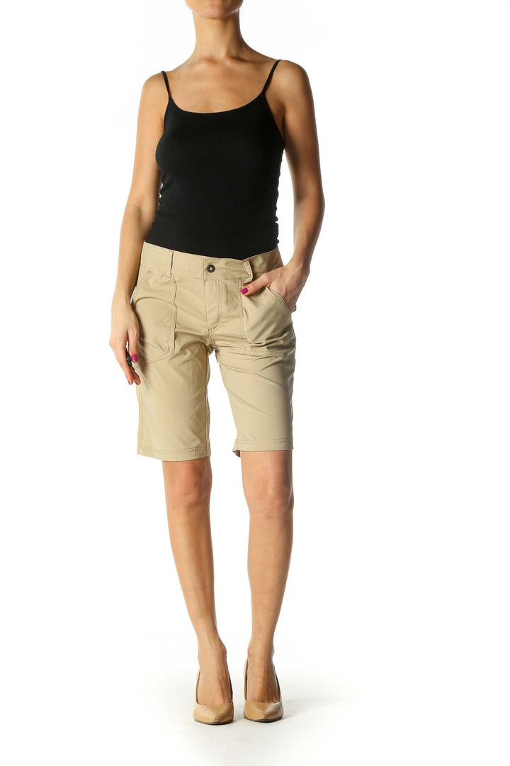 Beige Solid Casual Shorts