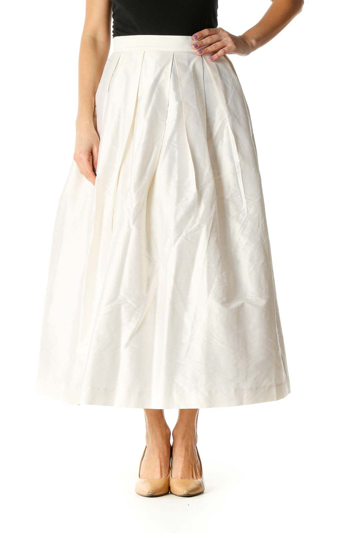 White Solid Casual Pleated Skirt