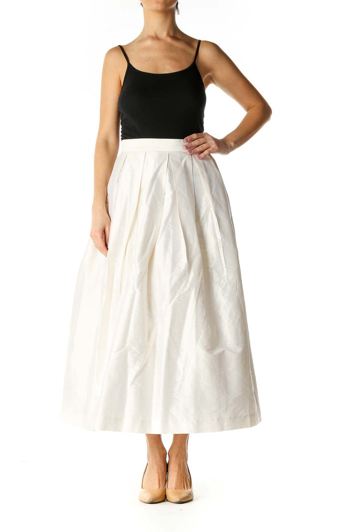 White Solid Casual Pleated Skirt