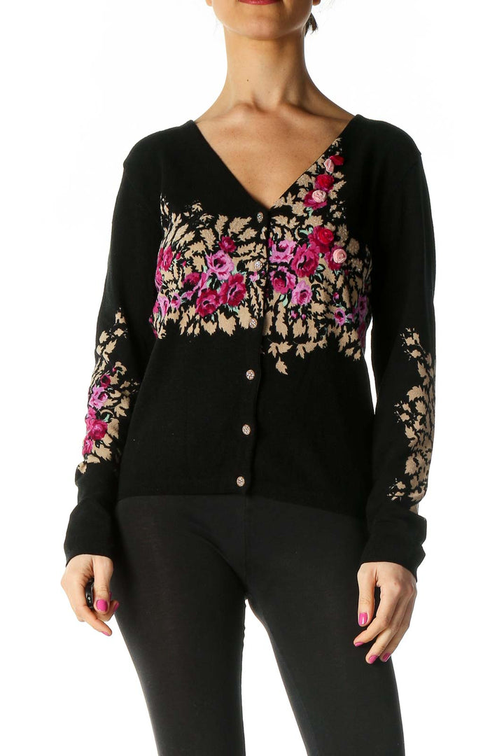 Black Floral Print Cardigan