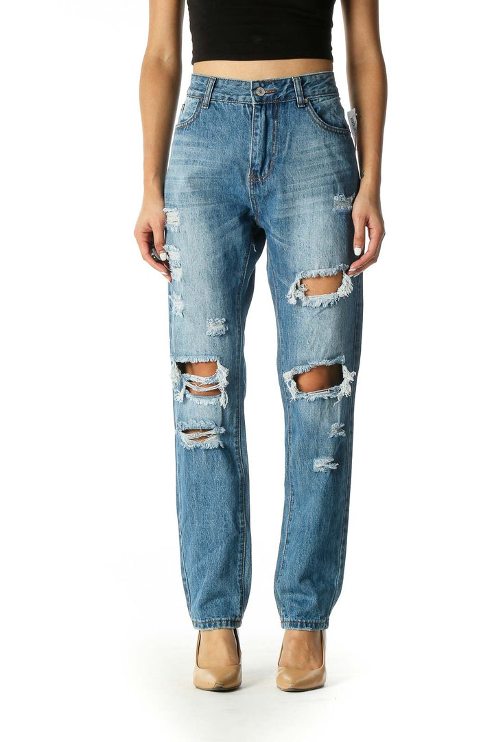 Blue Casual Straight Leg Jeans