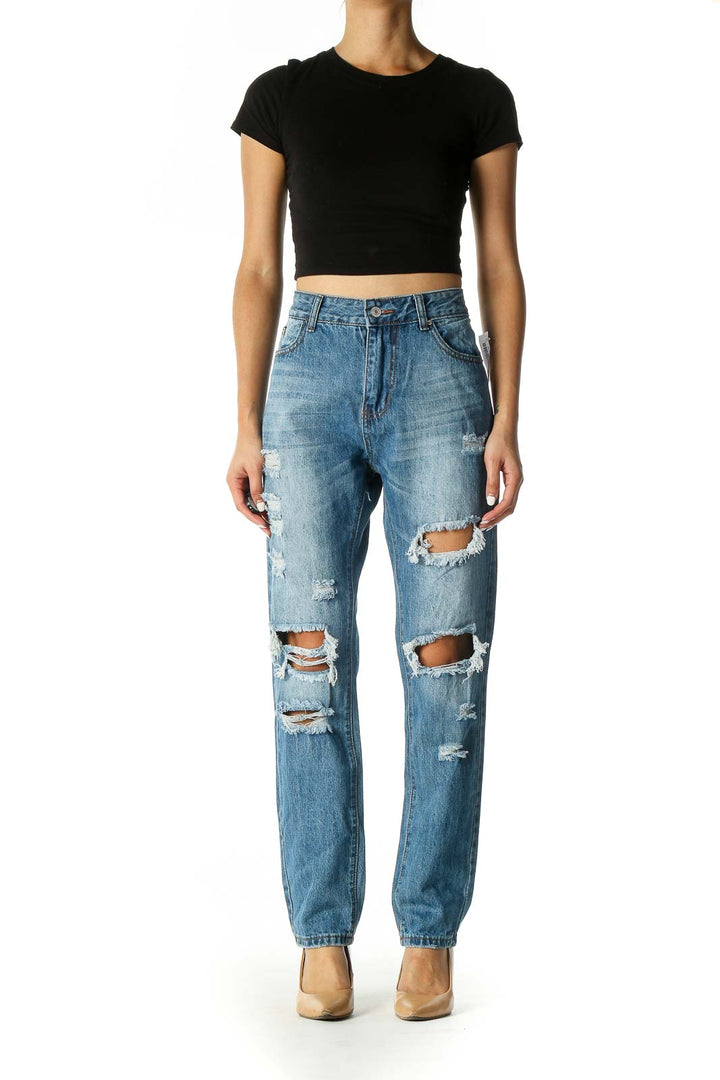 Blue Casual Straight Leg Jeans