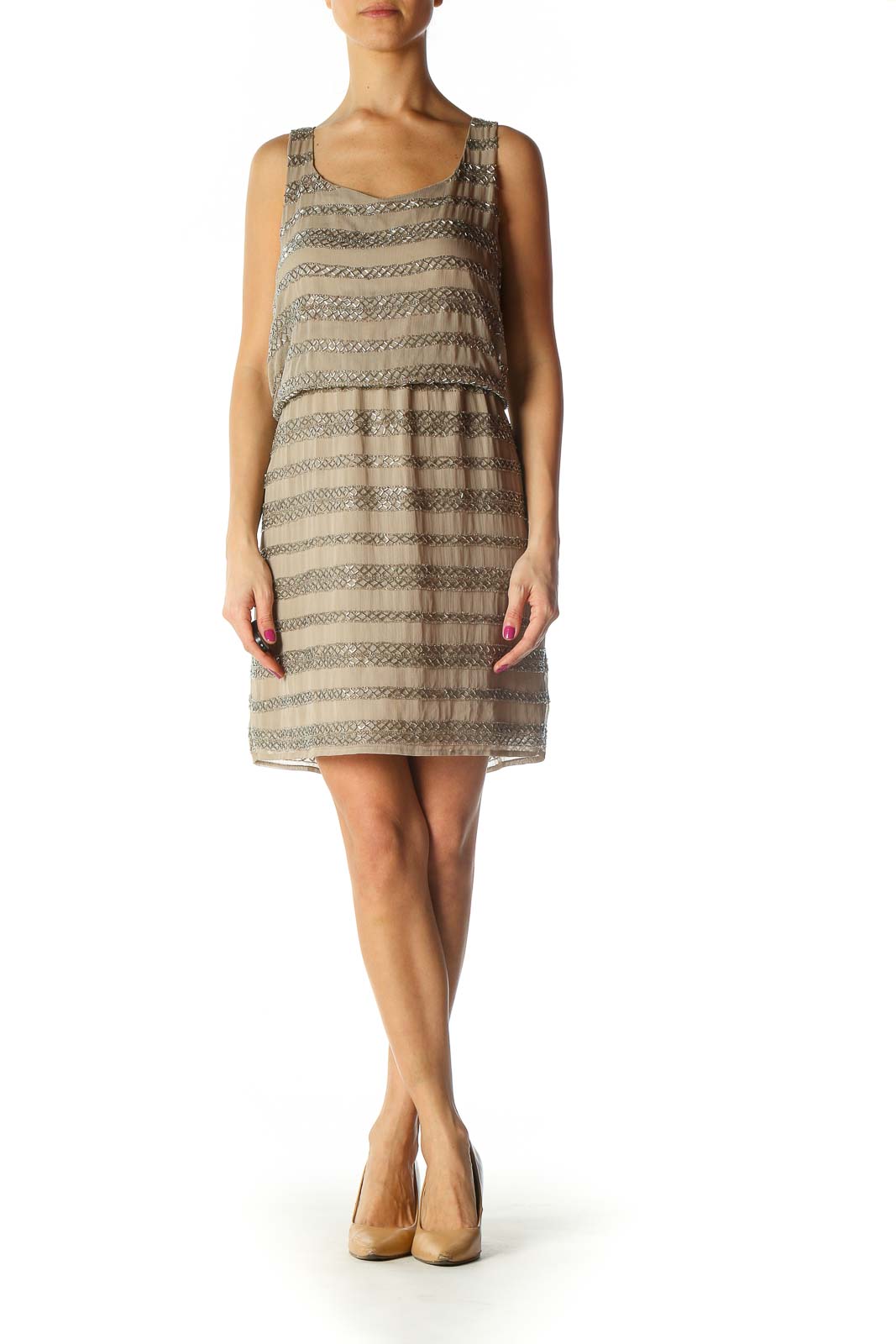 Beige Beaded Chic A-Line Dress