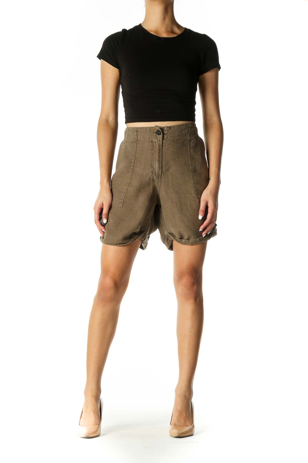 Brown Solid Casual Shorts