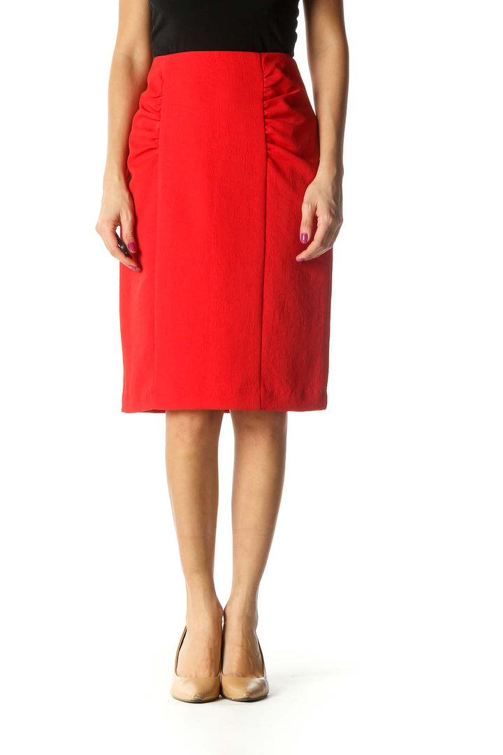 Red Solid Classic Straight Skirt