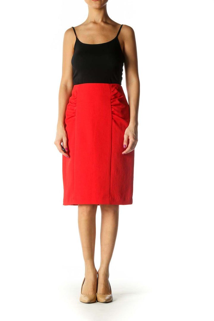 Red Solid Classic Straight Skirt