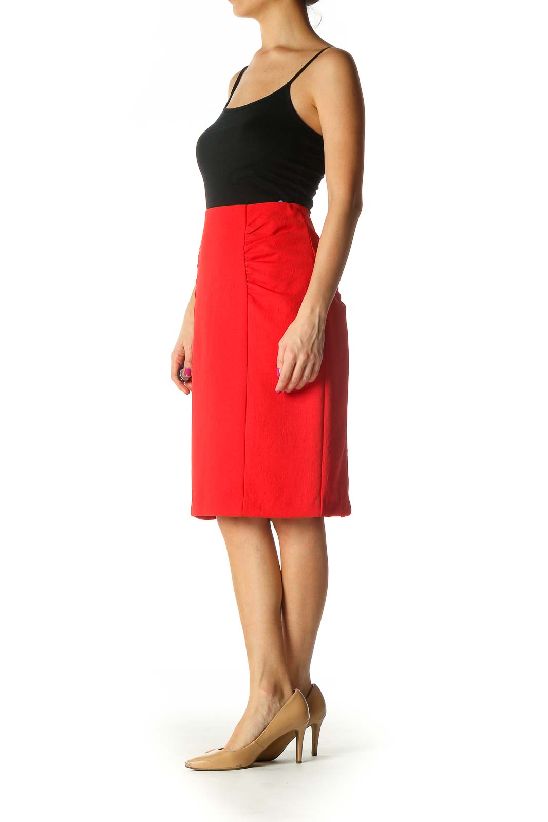 Red Solid Classic Straight Skirt