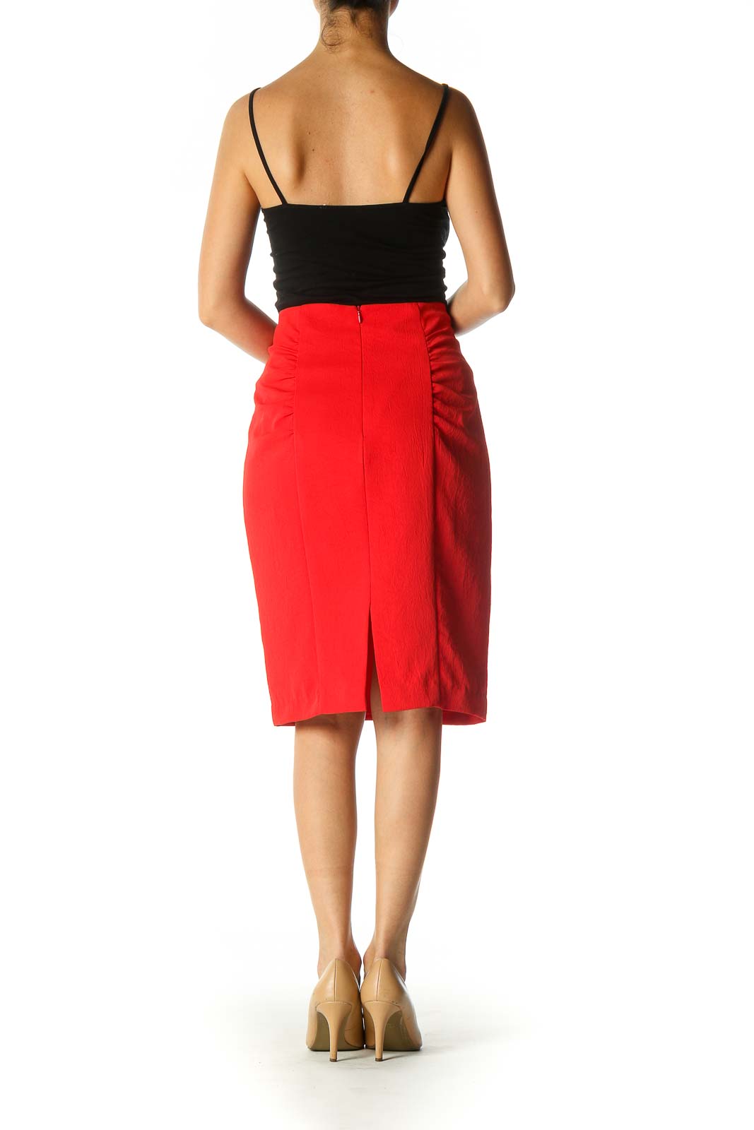 Red Solid Classic Straight Skirt