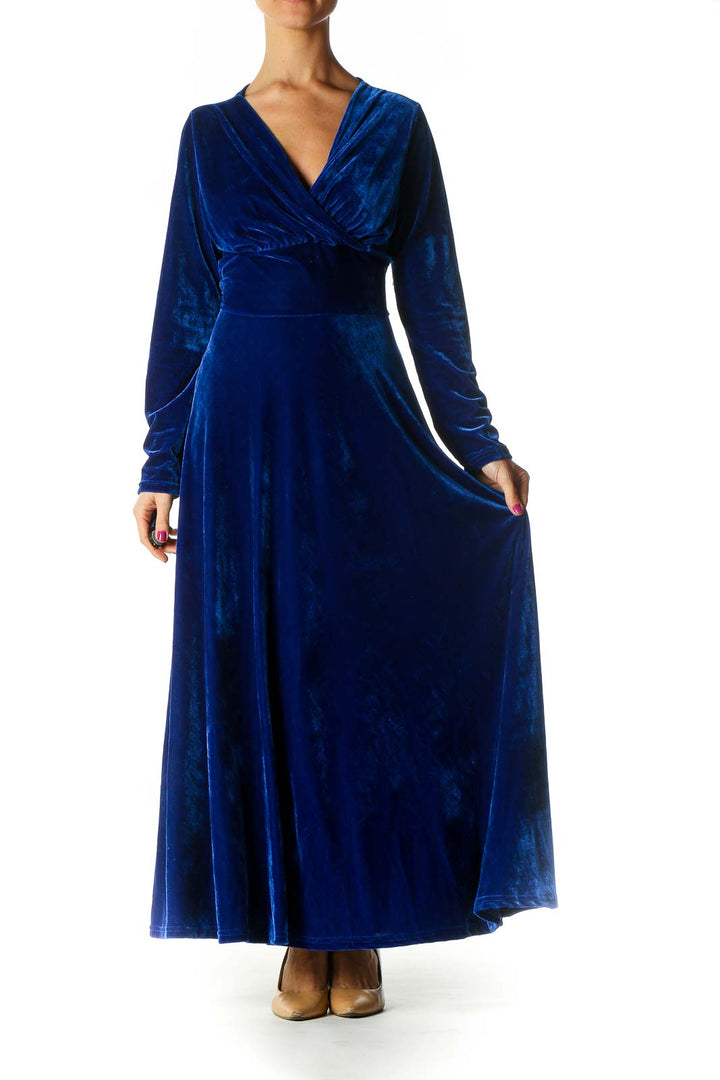 Blue Solid Velvet A-Line Dress