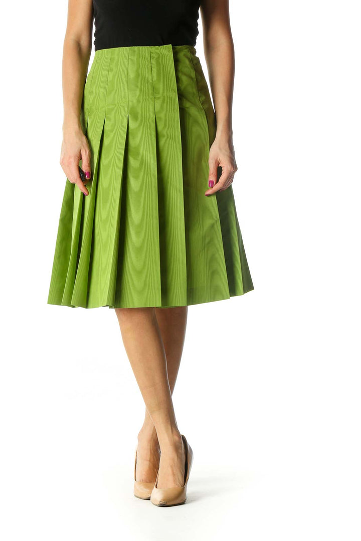 Green Solid Retro Pleated Skirt