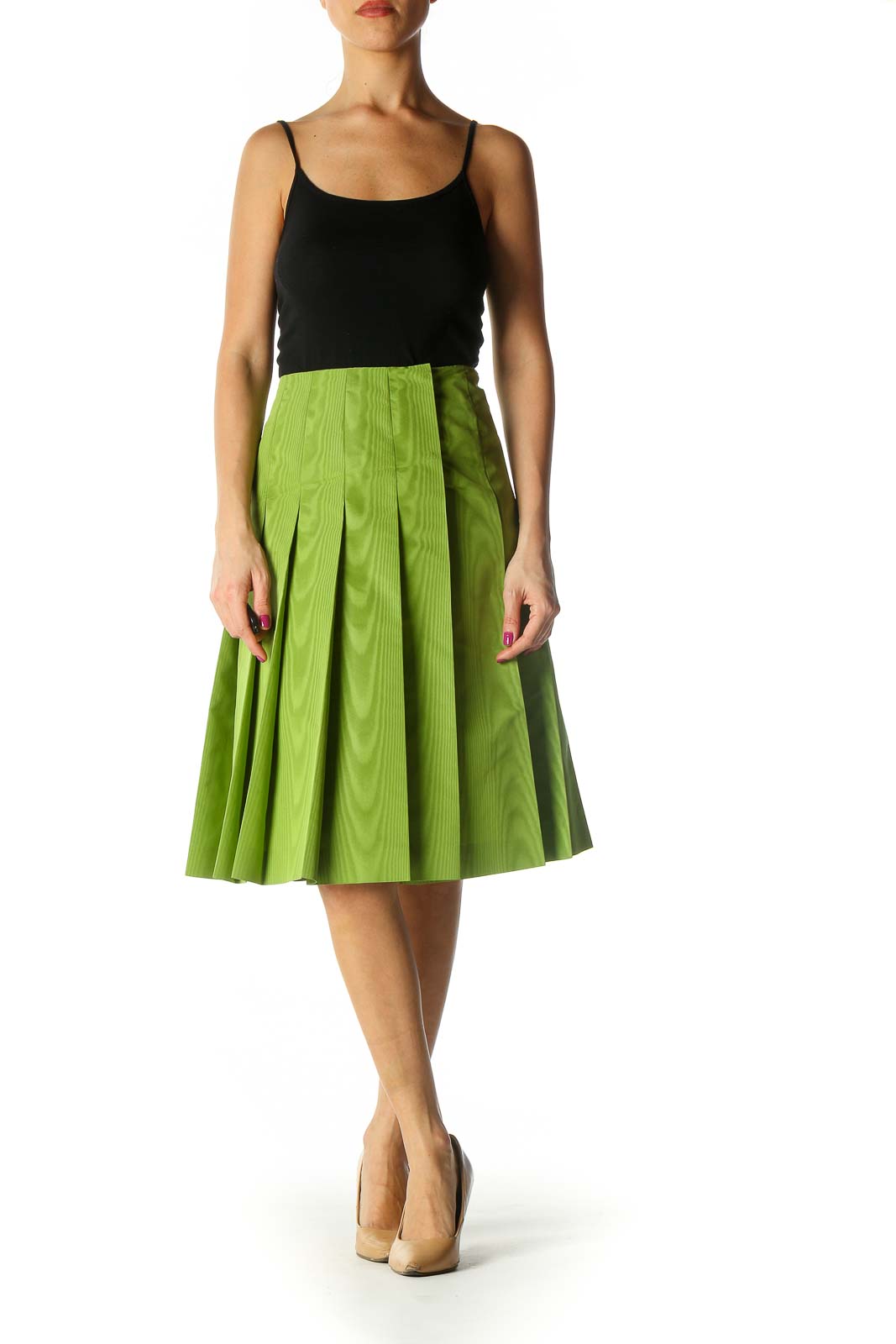 Green Solid Retro Pleated Skirt