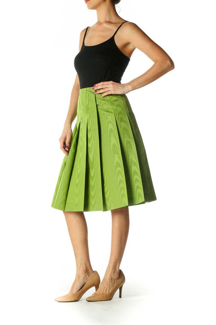 Green Solid Retro Pleated Skirt