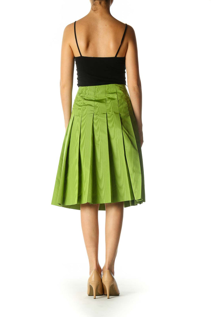 Green Solid Retro Pleated Skirt