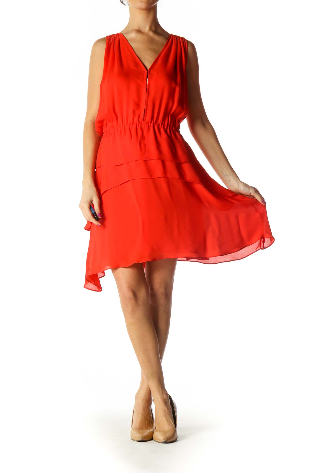 Red Solid Casual Fit Flare Dress