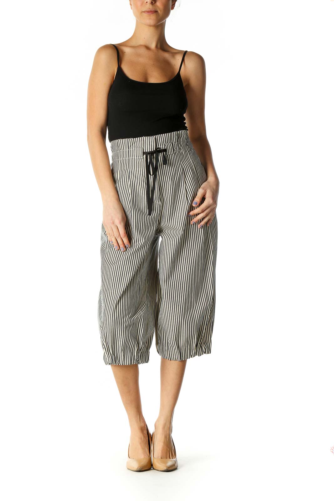 Beige Striped Chic Culottes Pants