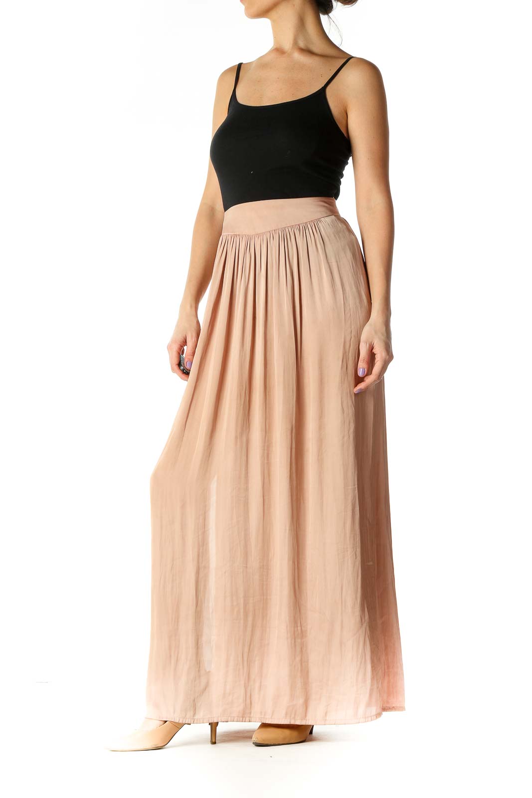 Beige Striped Casual Pleated Skirt