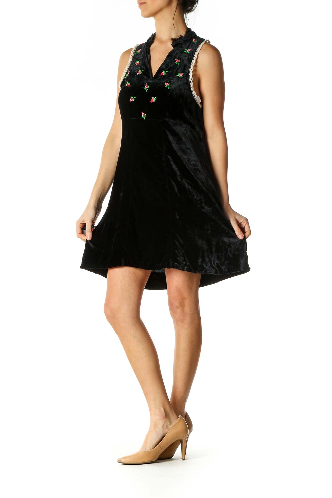 Front view of Free People black velvet mini dress with floral embroidery