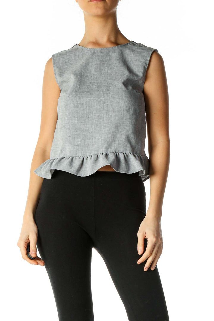 Gray Solid Sleeveless Ruffle Top