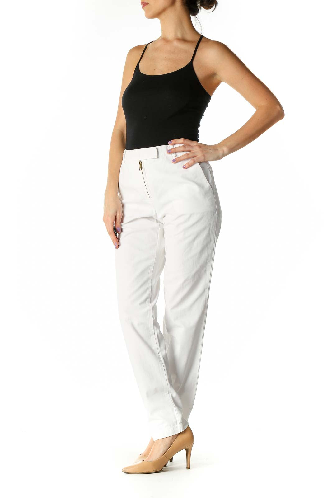 White Solid Casual Trousers