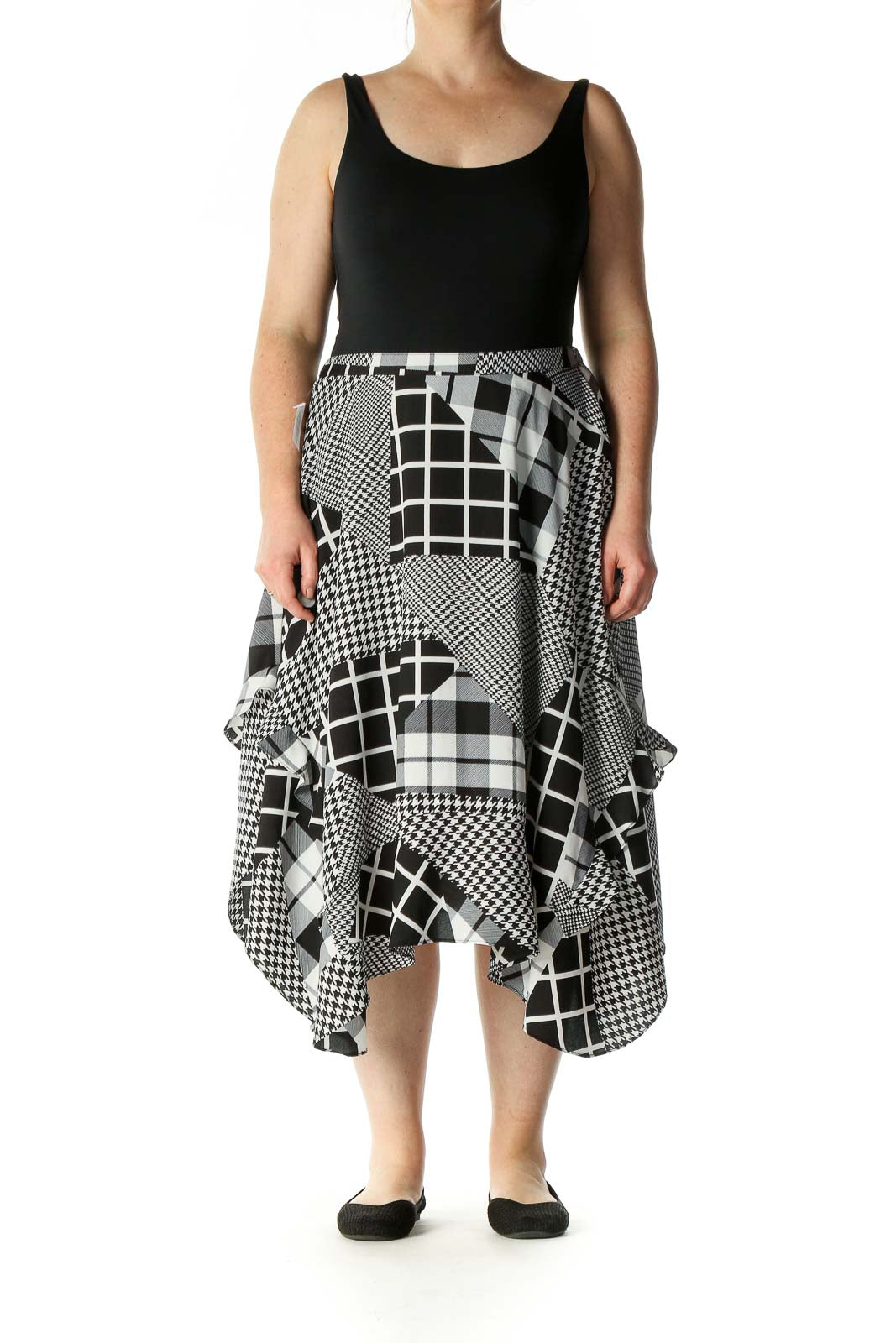 Gray Checkered Bohemian Flared Skirt