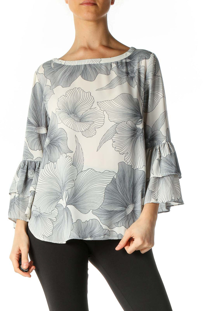 White Graphic Print Retro Blouse