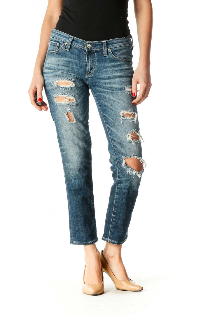 Blue Casual Straight Leg Jeans