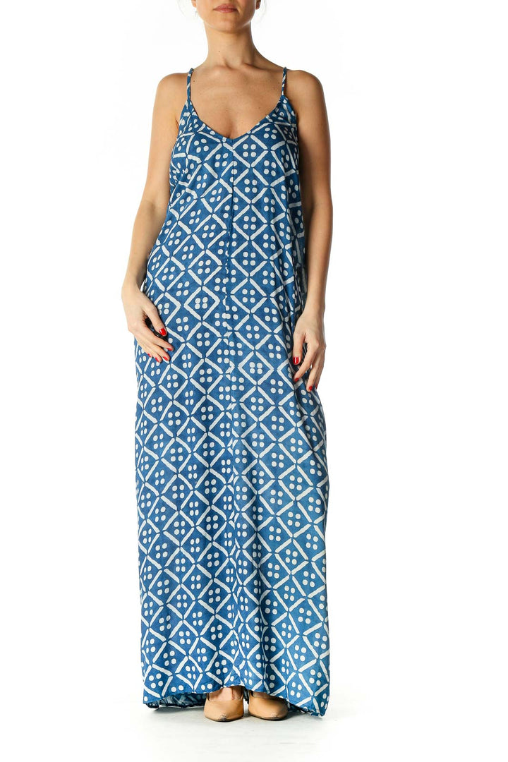 Blue Geometric Print Bohemian Column Dress