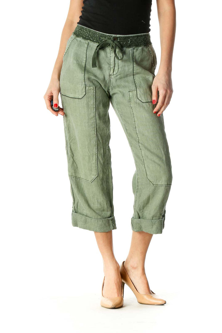 Green Casual Wide Leg Cropped Pants