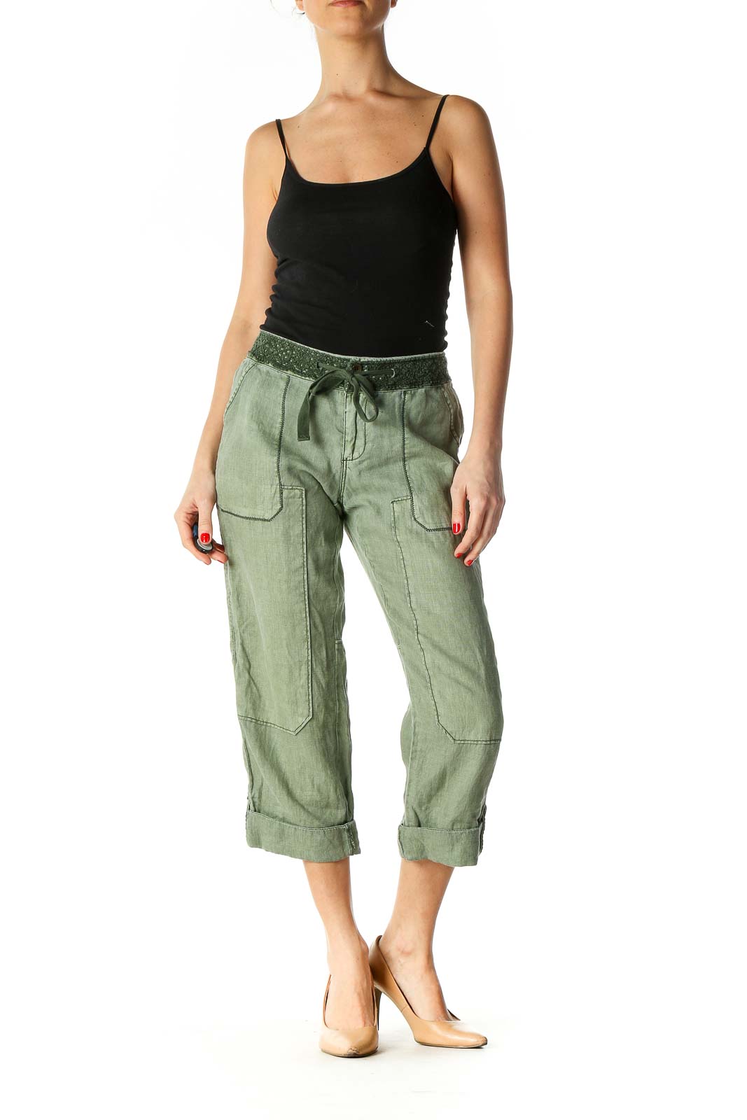 Green Casual Wide Leg Cropped Pants